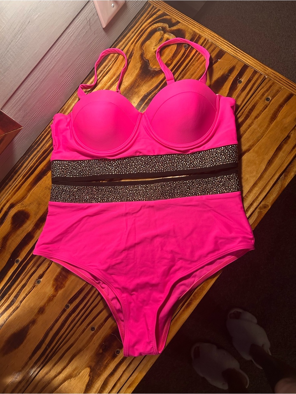 Hot Pink One-Piece Swimsuit with Embellished Waistband